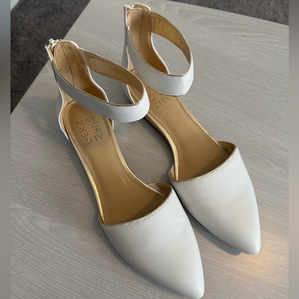 Naturalizer White Pointed Toe Ankle Strap Flats with Back Zipper